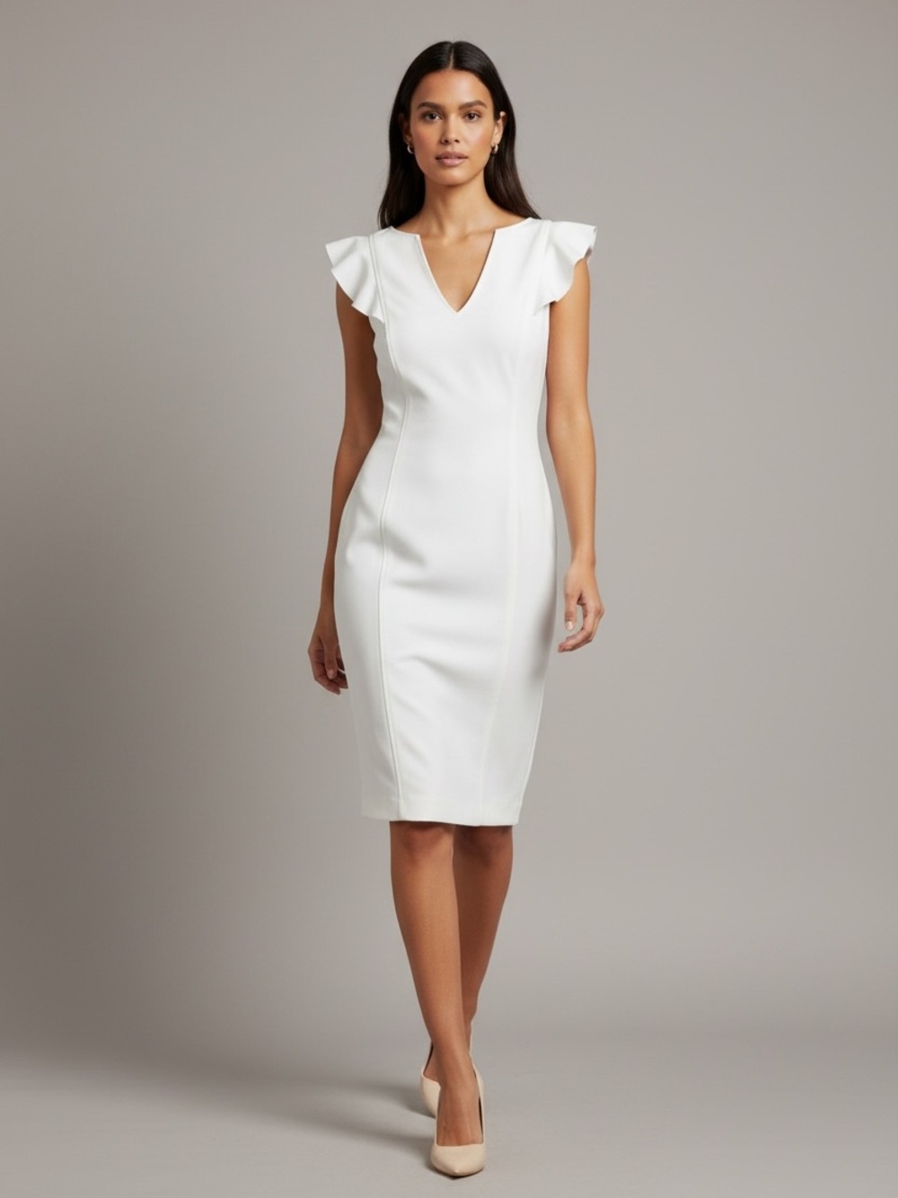 WHITE HOUSE BLACK MARKET White Flutter Sleeve V-Neck Midi Sheath Dress 8P